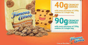 Featured image for (EXPIRED) Famous Amos: FREE extra 40g – 90g of crunchy cookies every Tuesday! From 9 Jan 2018