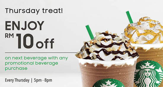 Featured image for Starbucks: RM10 off your second beverage promo! Valid on Thursdays till 29 Mar 2018