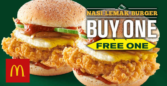 Featured image for McDonald's to offer Buy-1-FREE-1 Nasi Lemak Burger from 21 Jun 2018, while stocks last!