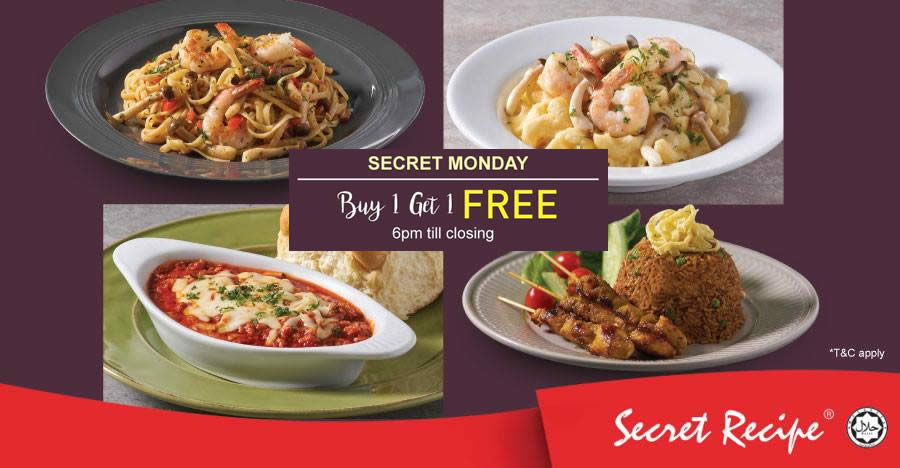 Featured image for Secret Recipe offers Buy-1-FREE-1 selected dishes on Mondays from 9 Jul 2018