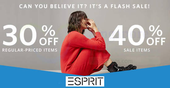 Featured image for Esprit: FLASH sale - 30% OFF regular-priced & 40% OFF sale items! Valid on 29 Aug 2018
