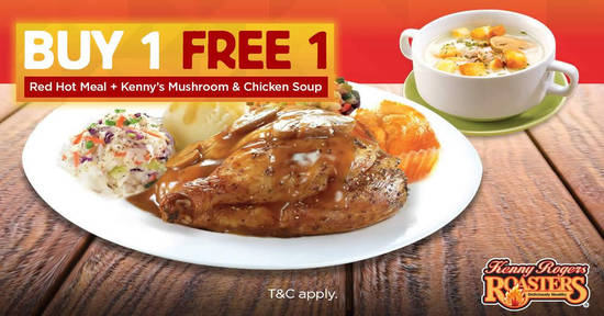 Featured image for Kenny Rogers ROASTERS is offering Buy-1-FREE-1 Red Hot Meal + Kenny's Mushroom and Chicken Soup from 1 - 5 Oct 2018