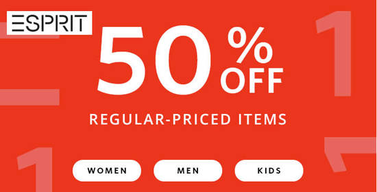 Featured image for Esprit: FLASH sale - 50% OFF all regular-priced items online! Ends 11 Nov 2018