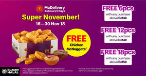 Featured image for (EXPIRED) McDelivery: Super November – Get up to 18pcs Chicken McNuggets for FREE! Valid from 16 – 30 November 2018