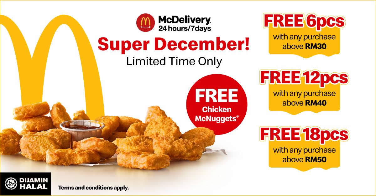 Featured image for Get up to 18-pieces of Chicken McNuggets FREE when you order via McDelivery! From 1 - 31 Dec 2018