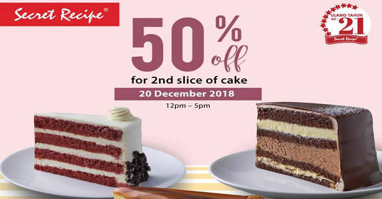 Featured image for Secret Recipe: ONE-DAY promo - 50% OFF the second slice of cake on 20 December 2018