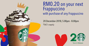 Featured image for Starbucks RM0.20 for second Frappuccino offer on 20 December 2018, 5pm – 8pm!