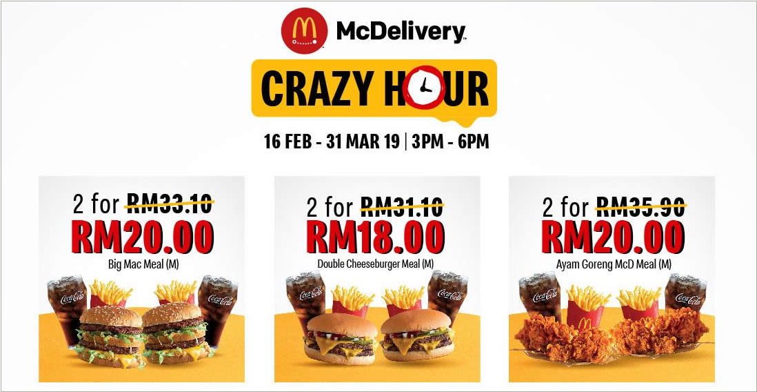Featured image for McDonald's is offering up to 60% OFF via McDelivery during Crazy Hour till 31 Mar 2019