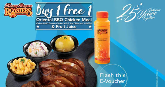 Featured image for Kenny Rogers ROASTERS: Buy-One-FREE-One Oriental BBQ Chicken Meal + Fruit Juice combo from 24 - 26 April 2019