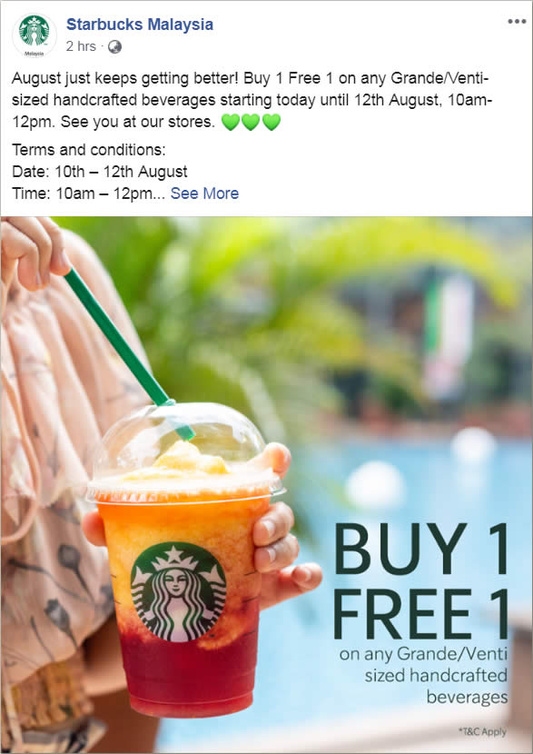 Starbucks Buy 1 Free 1 On Any Grande Venti Sized Handcrafted Beverages