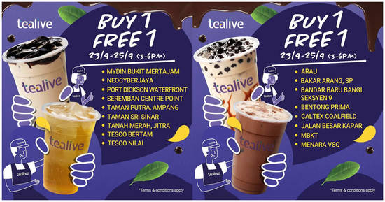 Featured image for Tealive Buy-One-FREE-One at selected outlets from 23 - 25 Sept 2019