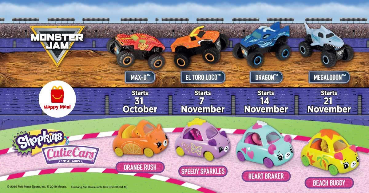 Featured image for McDonald's latest Happy Meal toys features Monster Jam & Shopkins Cutie Cars toys with till 27 Nov 2019