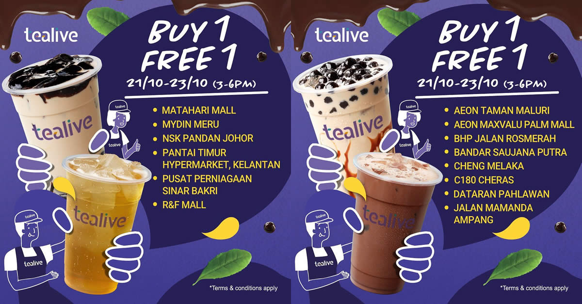 Featured image for Tealive Buy-One-FREE-One at over ten selected outlets from 21 - 23 October 2019