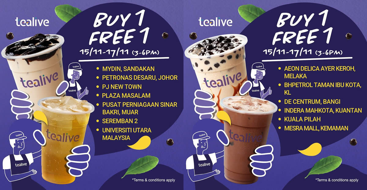 Featured image for Tealive Buy-One-FREE-One at over ten selected outlets from 15 - 17 November 2019