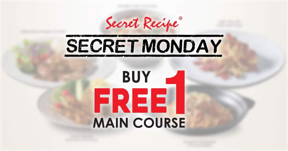 Featured image for Secret Recipe is offering Buy-1-FREE-1 selected main course on Monday, 13 January 2020