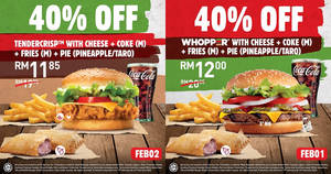 Featured image for (EXPIRED) Save 40% off Burger King’s Whopper® with Cheese/Tendercrisp with Cheese with a Pie of your choice (17 – 23 Feb)
