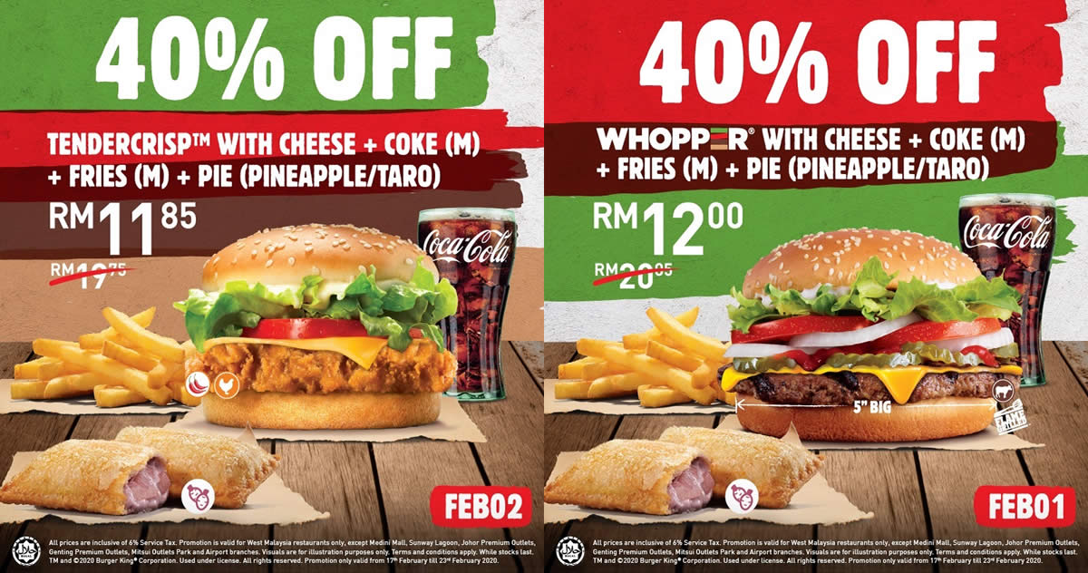 Featured image for Save 40% off Burger King's Whopper® with Cheese/Tendercrisp with Cheese with a Pie of your choice (17 - 23 Feb)
