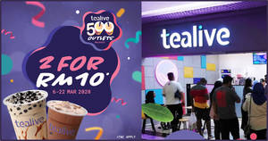Featured image for Tealive: Enjoy TWO of your favourite brews for only RM10 (6 – 22 March ’20)