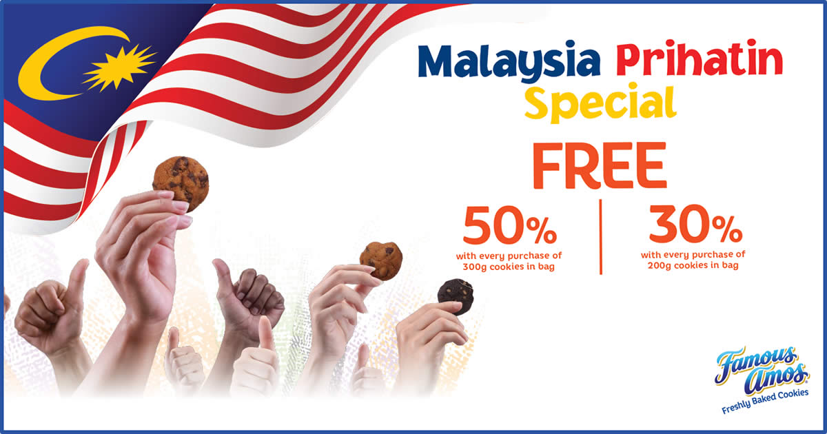 Featured image for Famous Amos M'sia is giving EXTRA 50% or 30% cookies for your 300g or 200g cookies in bag purchase till 31 Aug 2021