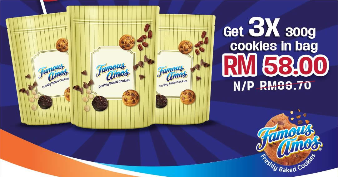 Featured image for Famous Amos Malaysia Day Promo lets you buy 3 300g cookies in bag for RM58 (usual RM89) online till 16 Sep 2021
