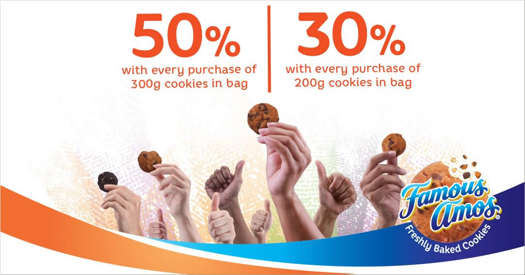 Featured image for Famous Amos: Get up to extra 50% cookies when you buy 200g or 300g cookies till 16 Sep 2021