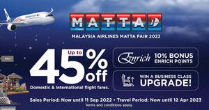 Featured image for Malaysia Airlines offering up to 45% off MATTA Fair fares now till 11 September 2022