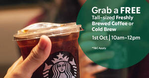 Featured image for Starbucks M’sia giving away FREE Tall-sized Freshly Brewed Coffee or Cold Brew on 1 Oct 2022, 10am – 12pm