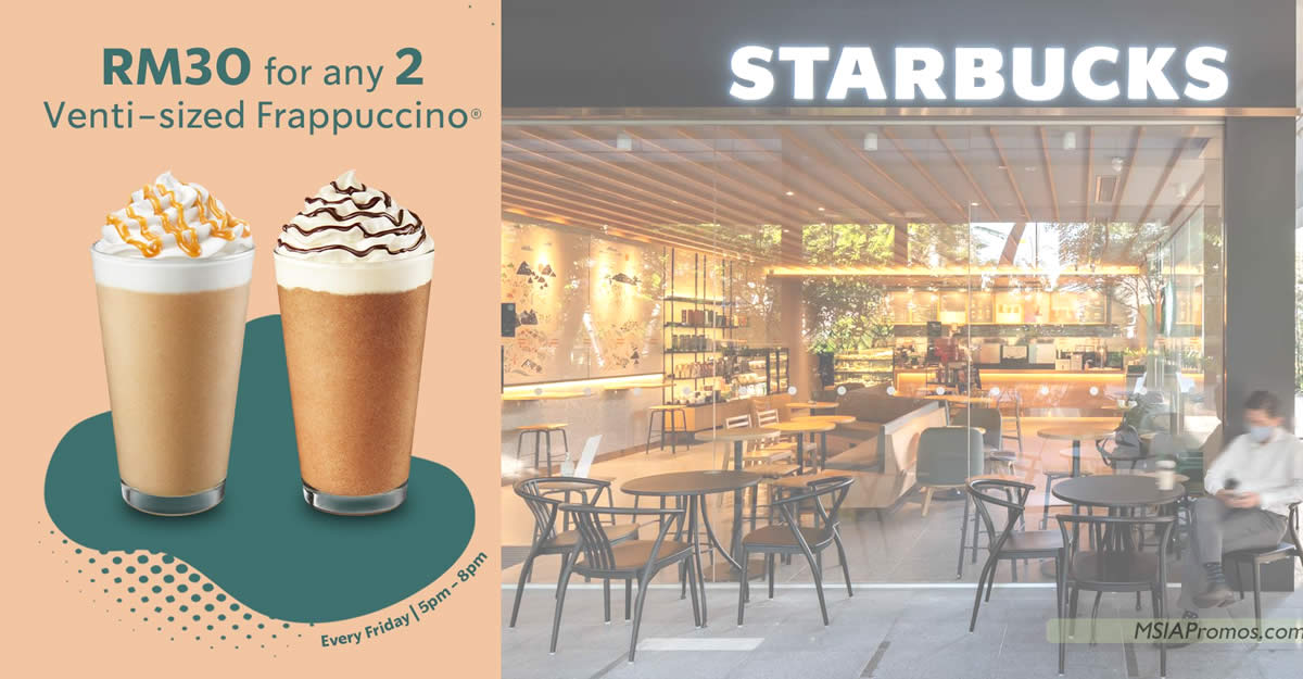 Featured image for Grab any 2 Starbucks Venti-sized Frappuccino at RM30 at Starbucks M'sia on Fridays from 6 - 27 Jan 2023