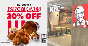 Featured image for KFC M’sia offering 30% off promotion till 31 May 2023 when you order online