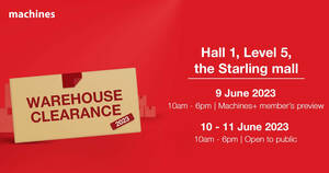 Featured image for Machines Warehouse Sale at Starling Mall from 10 – 11 Jun 2023