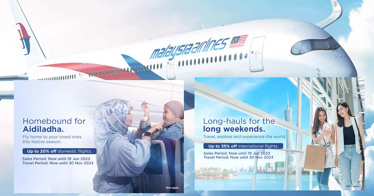 Featured image for Malaysia Airlines offering 35% off international flights and 20% off domestic flights till 23 June, travel by 30 Nov