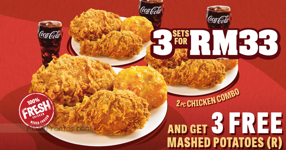 Featured image for Texas Chicken M'sia selling 3 sets of 2pc Chicken Combo with 3 reg Mashed Potatoes for only RM33 on 6 July