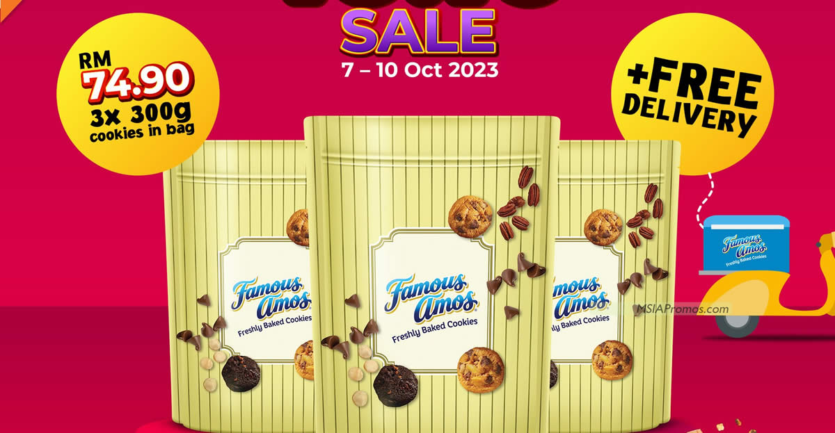 Featured image for Famous Amos selling 3x cookies in bag (300g each) for just RM74.90 with FREE delivery till 10 Oct 2023