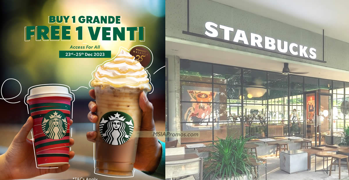 Featured image for Starbucks M'sia Buy 1 Grande FREE 1 Venti promotion on ANY handcrafted beverage till 25 Dec 2023