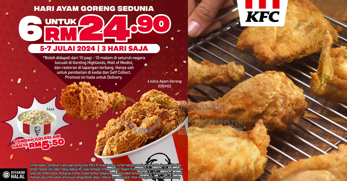 Featured image for KFC Malaysia Selling 6pc Fried Chicken For RM24.90 from 5 - 7 July 2024