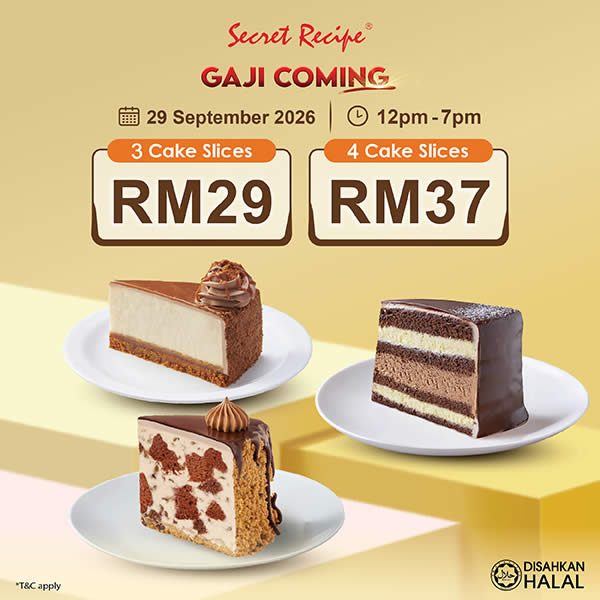 Secret Recipe 3 cake slices RM29 and 4 cake slices RM37 promotion on 29 September 2026